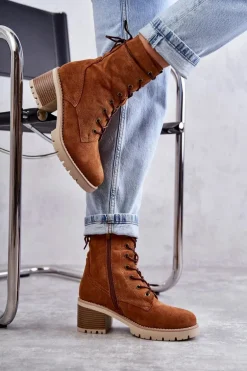 Damskie Ocieplane Botki Trapery Na Obcasie Camel Julieta
