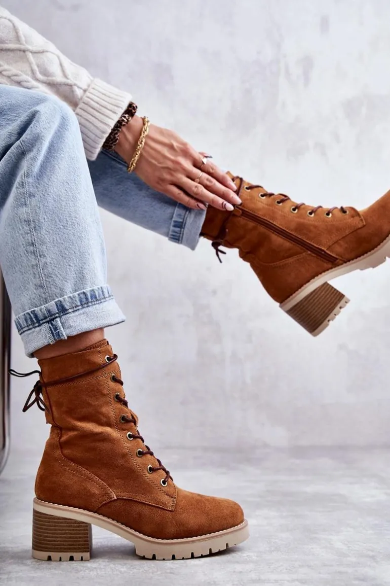 Damskie Ocieplane Botki Trapery Na Obcasie Camel Julieta