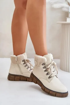 Damskie Ocieplane Botki Trapery Na Zamek Beżowe Mevanisa