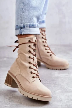 Damskie Ocieplane Botki Trapery Na Obcasie Beżowe Julieta