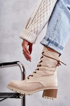 Damskie Ocieplane Botki Trapery Na Obcasie Beżowe Julieta