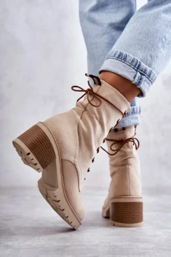 Damskie Ocieplane Botki Trapery Na Obcasie Beżowe Julieta