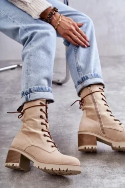 Damskie Ocieplane Botki Trapery Na Obcasie Beżowe Julieta