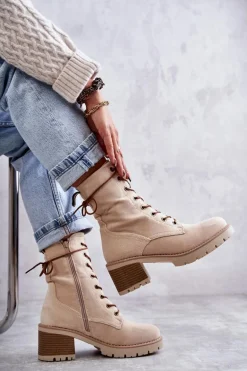 Damskie Ocieplane Botki Trapery Na Obcasie Beżowe Julieta