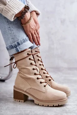 Damskie Ocieplane Botki Trapery Na Obcasie Beżowe Julieta