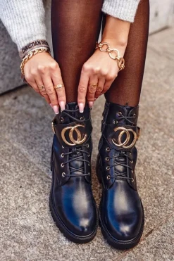 Damskie Ocieplane Botki Workery Złota Klamra Czarne Gold