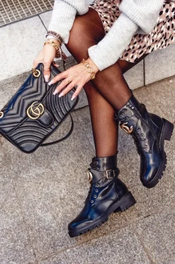 Damskie Ocieplane Botki Workery Złota Klamra Czarne Gold