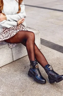 Damskie Ocieplane Botki Workery Złota Klamra Czarne Gold