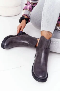 Damskie Ocieplane Botki Workery Szare Alivia