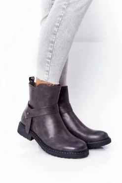 Damskie Ocieplane Botki Workery Szare Alivia