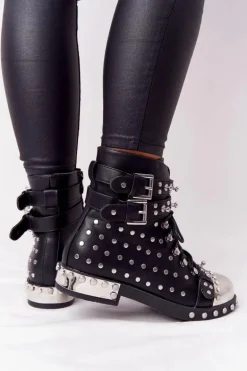 Damskie Ocieplane Botki Workery Z Dżetami Czarne Lu Boo