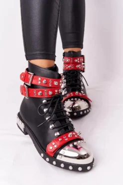 Damskie Ocieplane Botki Workery Z Dżetami Czarno-Czerwone Lu Boo