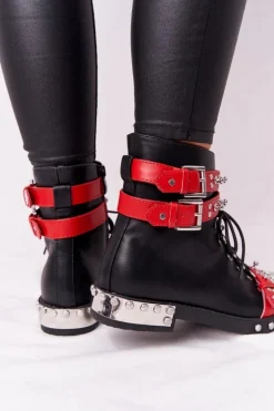 Damskie Ocieplane Botki Workery Z Dżetami Czarno-Czerwone Lu Boo