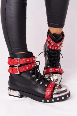 Damskie Ocieplane Botki Workery Z Dżetami Czarno-Czerwone Lu Boo