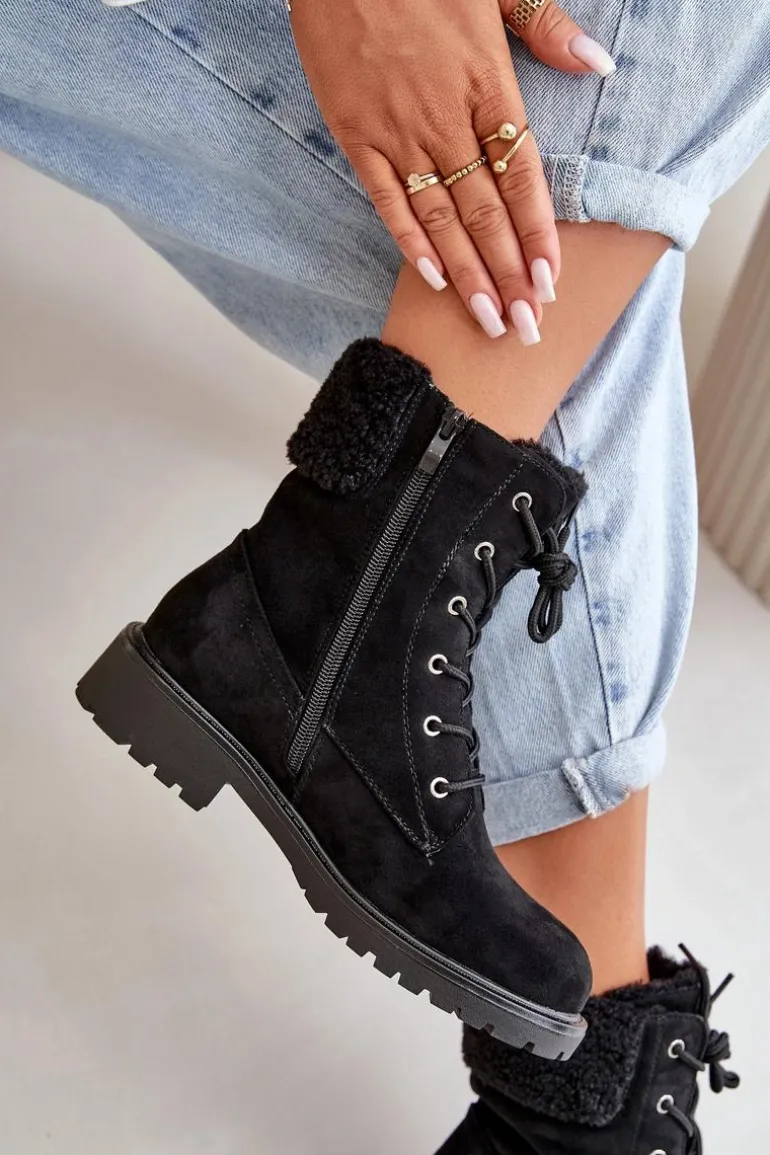 Damskie Ocieplane Botki Workery Na Zamek Czarne Mivael