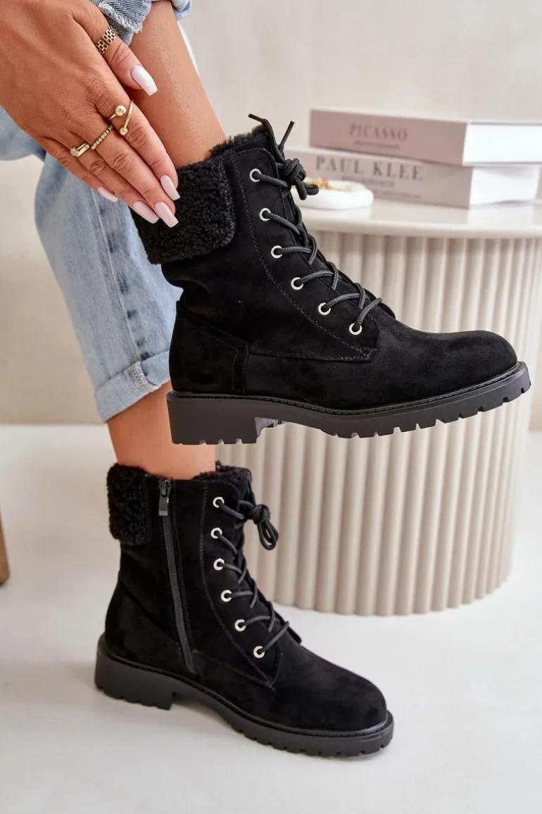 Damskie Ocieplane Botki Workery Na Zamek Czarne Mivael