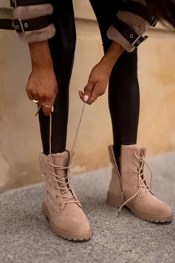 Damskie Ocieplane Botki Workery Na Zamek Beżowe Mivael