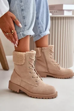 Damskie Ocieplane Botki Workery Na Zamek Beżowe Mivael