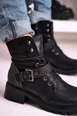 Damskie Ocieplane Botki Workery Czarne Strong