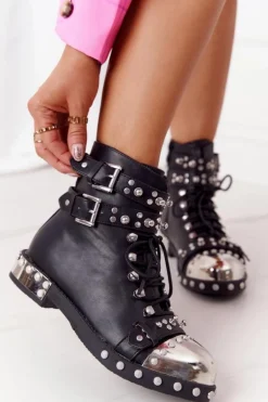 Damskie Ocieplane Botki Workery Z Dżetami Czarne Lu Boo