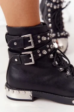 Damskie Ocieplane Botki Workery Z Dżetami Czarne Lu Boo