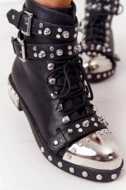 Damskie Ocieplane Botki Workery Z Dżetami Czarne Lu Boo