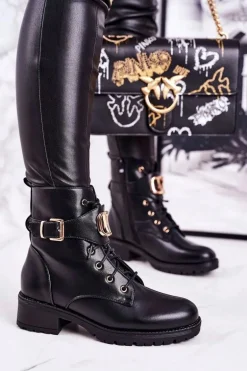 Damskie Ocieplane Botki Workery Złota Klamra Czarne Vera