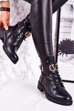 Damskie Ocieplane Botki Workery Złota Klamra Czarne Vera