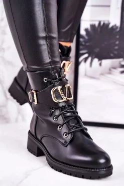 Damskie Ocieplane Botki Workery Złota Klamra Czarne Vera