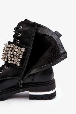 Damskie Ocieplane Botki Workery Zdobione Czarne Lennen