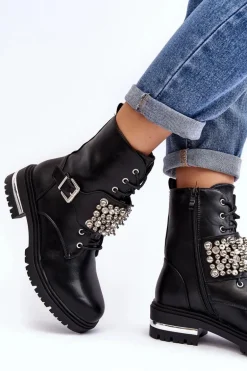Damskie Ocieplane Botki Workery Zdobione Czarne Lennen