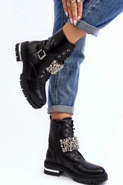 Damskie Ocieplane Botki Workery Zdobione Czarne Lennen