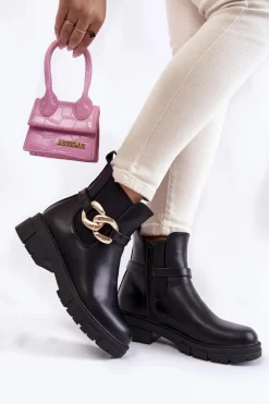 Damskie Ocieplane Botki Workery Z Ozdobą Czarne Ruth