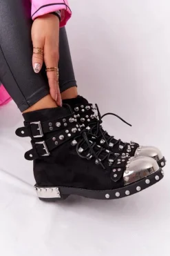 Damskie Ocieplane Botki Workery Z Dżetami Zamszowe Czarne Lu Boo