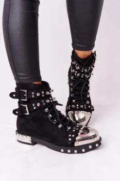 Damskie Ocieplane Botki Workery Z Dżetami Zamszowe Czarne Lu Boo