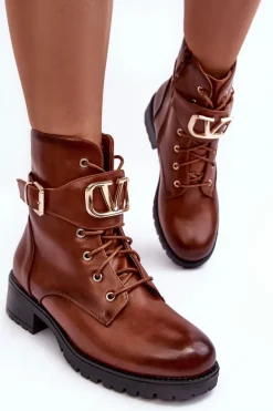 Damskie Ocieplane Botki Workery Złota Klamra Brązowe Vera