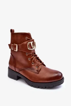 Damskie Ocieplane Botki Workery Złota Klamra Brązowe Vera