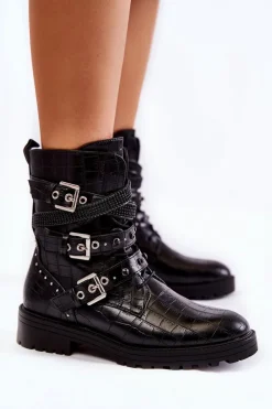 Damskie Ocieplane Botki Z Paskami Wężowe Czarne Lamberta