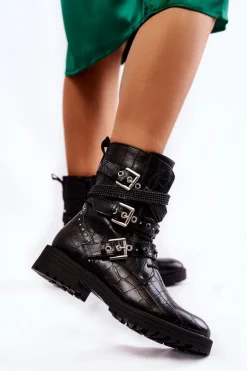 Damskie Ocieplane Botki Z Paskami Wężowe Czarne Lamberta
