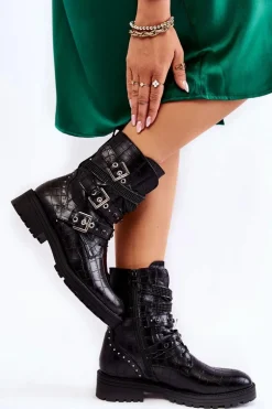 Damskie Ocieplane Botki Z Paskami Wężowe Czarne Lamberta