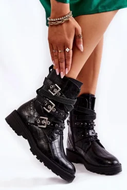 Damskie Ocieplane Botki Z Paskami Wężowe Czarne Lamberta