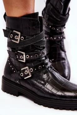 Damskie Ocieplane Botki Z Paskami Wężowe Czarne Lamberta