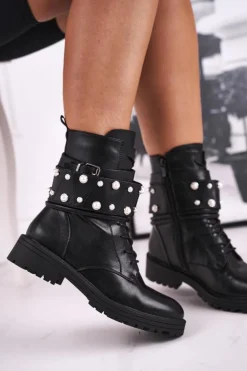 Damskie Ocieplane Botki z Perełkami Czarne Mishigan