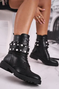 Damskie Ocieplane Botki z Perełkami Czarne Mishigan