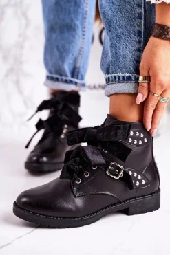 Damskie Ocieplane Botki Z Klamrami I Wstążką Czarne Special