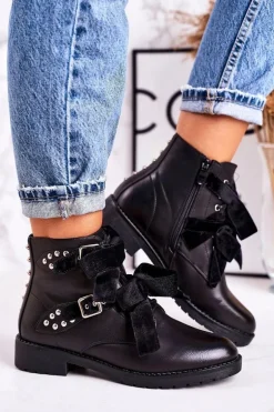 Damskie Ocieplane Botki Z Klamrami I Wstążką Czarne Special