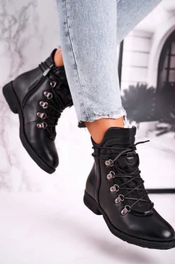 Damskie Ocieplane Botki z Cyrkoniami Czarne Gisele