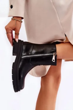 Damskie Ocieplane Botki Z Suwakami Czarne Jette