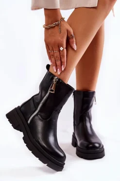 Damskie Ocieplane Botki Z Suwakami Czarne Jette