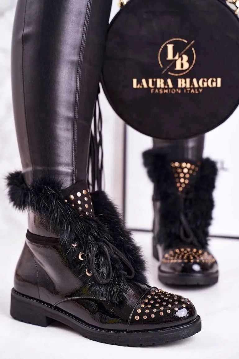 Damskie Ocieplane Botki Z Dżetami I Futerkiem Lakierowane Glam